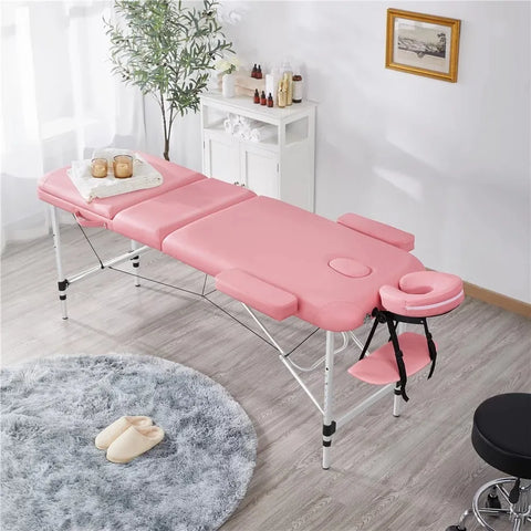 3-Fold Portable Aluminum Massage Table for Spa Treatments & Tattoos, 84", Pink