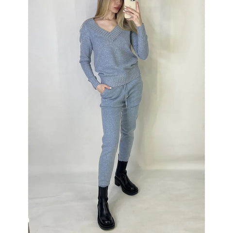 V Neck Solid Color Knitted Sweater Set