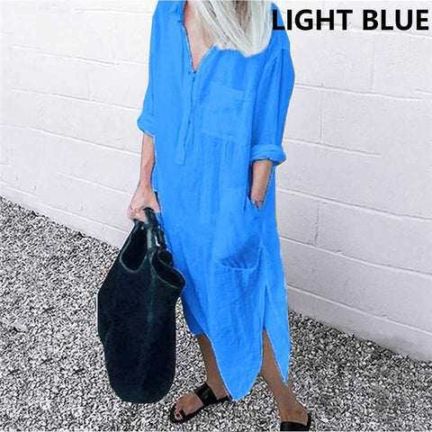 Women Casual Long Sleeve Side Split Button Dresses