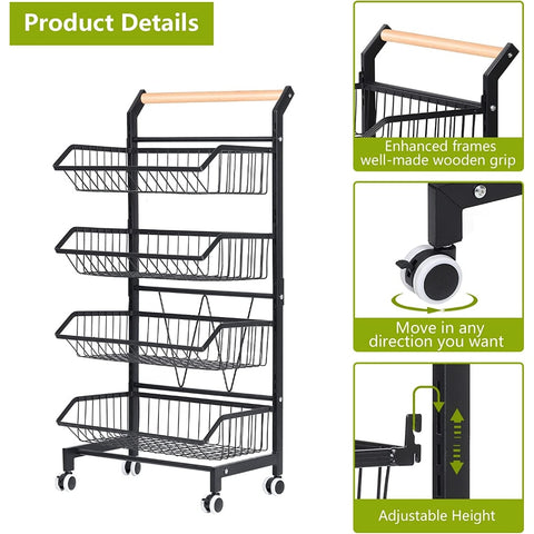 4 Tier Fruit Vegetable Storage Basket Rolling Cart with Handle and Wheels,