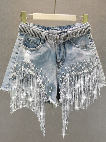 Elegant Shorts Lady Tassel Beading High Waist Wide Leg Denim