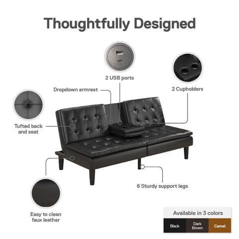 Mainstays Memory Foam Futon with Cupholders and USB, Black Faux Leather