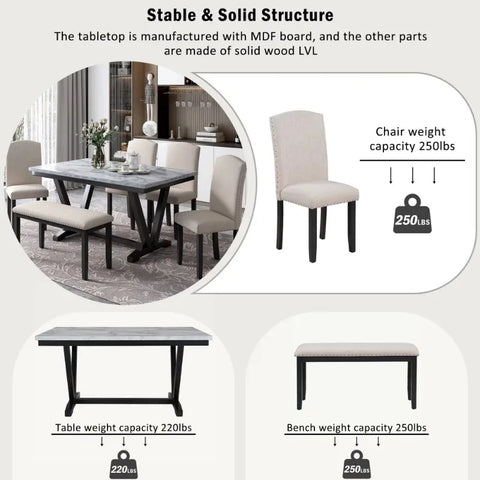 6 Piece Kitchen Dining Table and Chair Set