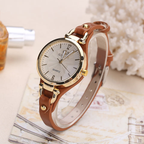 Women Leather Thin Strap Solid Color Fashion  Watch