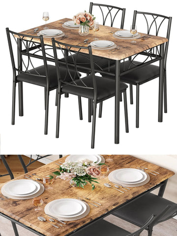 4-Piece Dining Table Set Metal and Wood Kitchen Table and Chairs Rustic Brown
