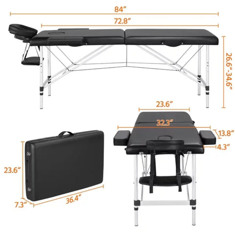 3 Section 84" Portable Adjustable Aluminum  Massage Table for Spa Treatments, Black