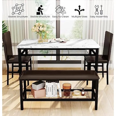 Kitchen Table and 2 Chairs for 4 with Bench,Faux Mable Dining Table Set for 4 w/Storage Rack,