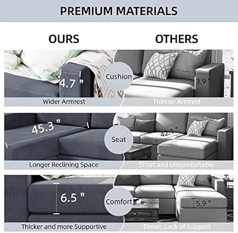 Modern Linen Fabric L-Shaped , 3-Seat Sofa Sectional with Reversible Chaise