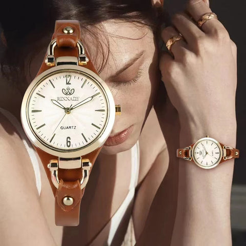 Women Leather Thin Strap Solid Color Fashion  Watch