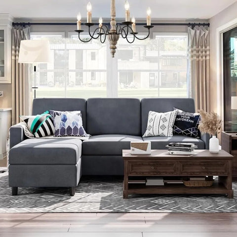 Modern Linen Fabric L-Shaped , 3-Seat Sofa Sectional with Reversible Chaise