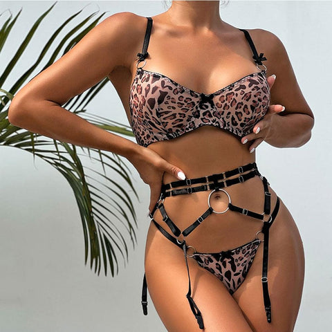 3-piece Wild Lace Leopard Lingerie Set
