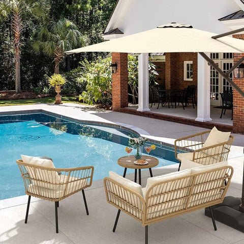 Patio Furniture Set 4 Pieces PE Rattan Wicker Sofa Set w/ Dining Table