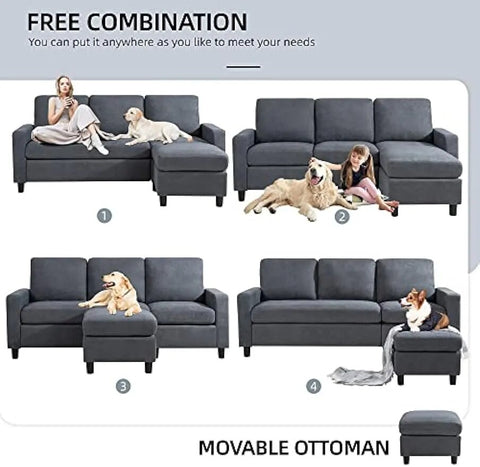 Modern Linen Fabric L-Shaped , 3-Seat Sofa Sectional with Reversible Chaise