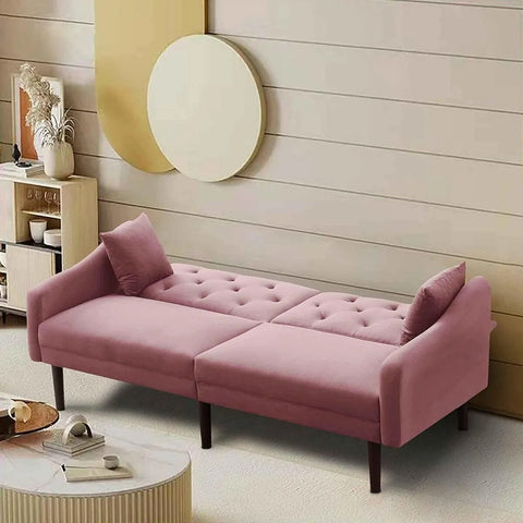 Convertible Sleeper Futon Sofa with 2 Pillows, Velvet Tufted Couch w/Metal Legs and Adjustable Backrest,Pink
