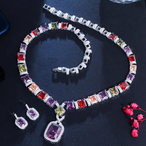 Trendy Colorful Lab Diamond Jewelry set White Gold Filled