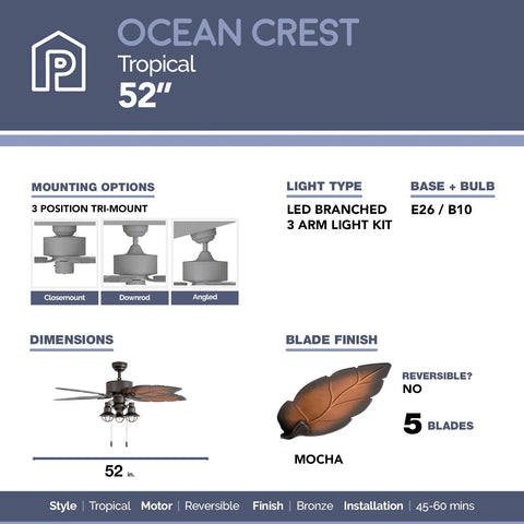 Ocean Crest Tropical 52-Inch Tropical Bronze Indoor Ceiling Fan