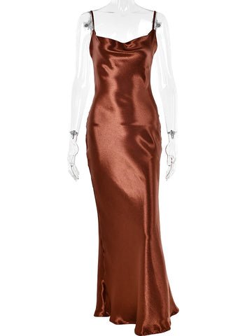 Women Satin Lace Up Trumpet Long Dress
