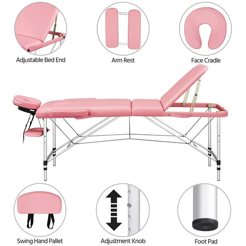 3-Fold Portable Aluminum Massage Table for Spa Treatments & Tattoos, 84", Pink