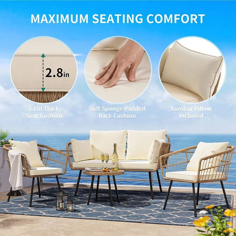 Patio Furniture Set 4 Pieces PE Rattan Wicker Sofa Set w/ Dining Table