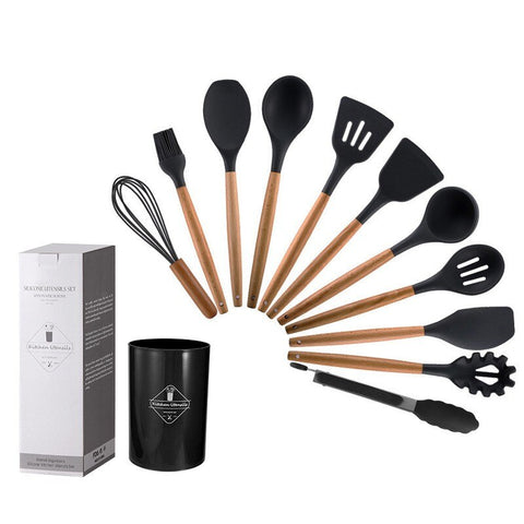 12Pcs Wooden Handle Silicone Kitchen Spoon