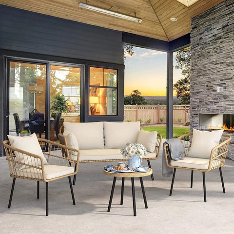 Patio Furniture Set 4 Pieces PE Rattan Wicker Sofa Set w/ Dining Table