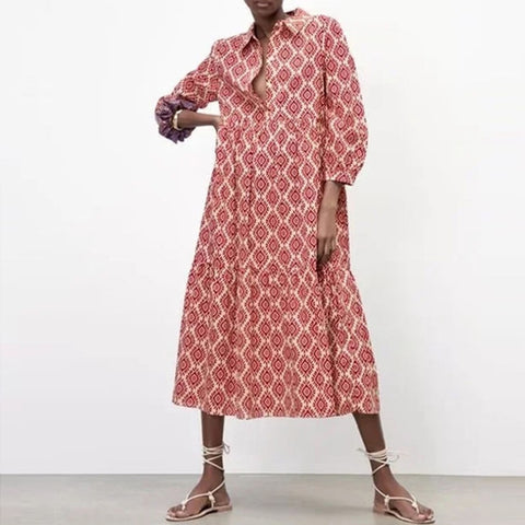 Women Casual Vintage Geometric V Neck Dresses