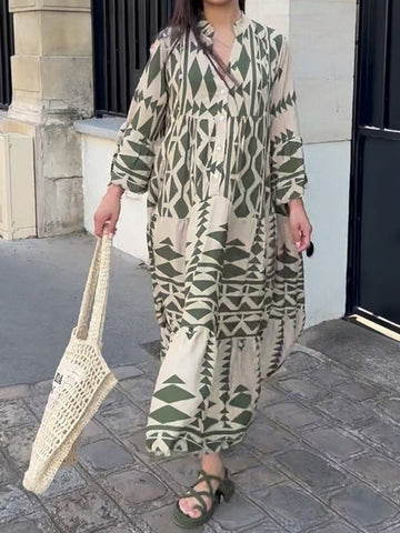 Women Casual Vintage Geometric V Neck Dresses