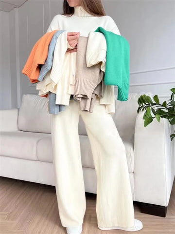 2 Pieces Women Sets Knitted Tracksuit Turtleneck Sweater and Straight Jogging Pants Suits