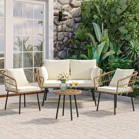 Patio Furniture Set 4 Pieces PE Rattan Wicker Sofa Set w/ Dining Table