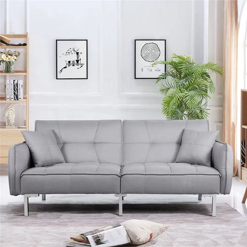 Fabric Covered Futon Sofa Bed with Adjustable Backrest, Gray