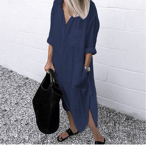 Women Casual Long Sleeve Side Split Button Dresses