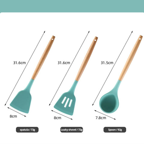 12Pcs Wooden Handle Silicone Kitchen Spoon