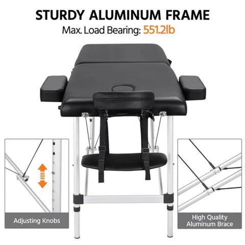 3 Section 84" Portable Adjustable Aluminum  Massage Table for Spa Treatments, Black