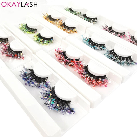 Unique Shining Colored Eyelashes Gold Pink Green Glitter Colorful False Eye Lashes