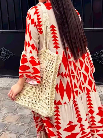 Women Casual Vintage Geometric V Neck Dresses