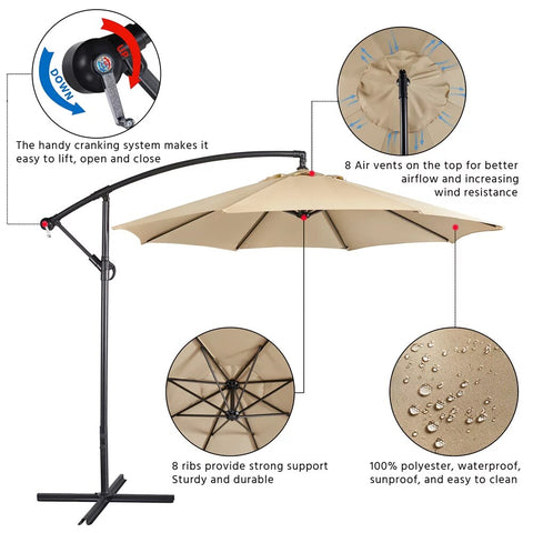 9 Foot Offset Cantilever Patio Umbrella with Crank, Tan Outdoor Umbrellas