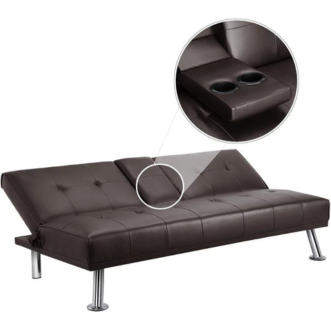 LuxuryGoods Modern Faux Leather Futon with Cupholders and Pillows