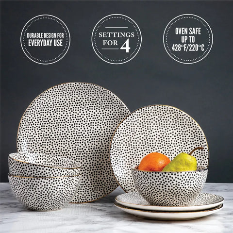Dinnerware Black & White Dot Stoneware, 12 Piece Set Dish   Porcelain Dinner s