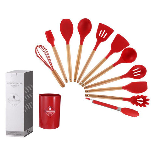 12Pcs Wooden Handle Silicone Kitchen Spoon
