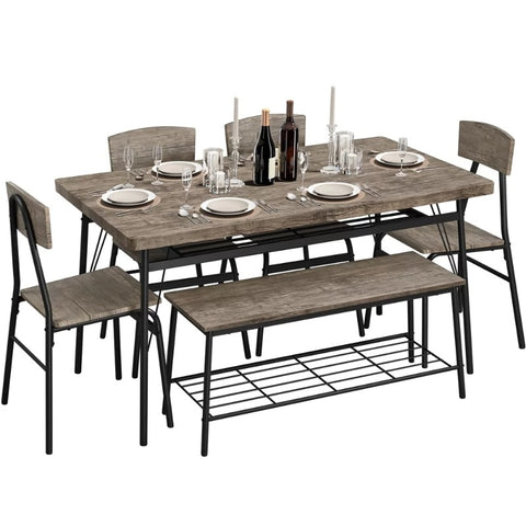Easyfashion Dining Table Set with 4 Chairs and 1 Bench, Drift Brown