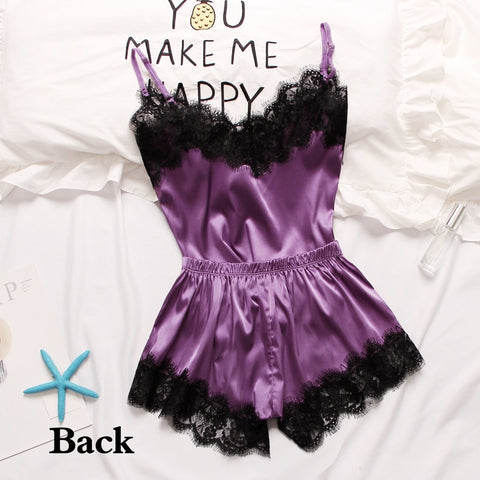 New Satin Silk Lace Cami Vest Shorts Lingerie Set