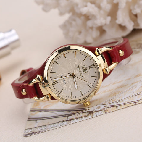Women Leather Thin Strap Solid Color Fashion  Watch
