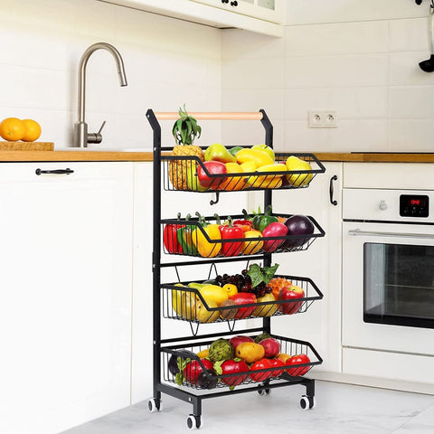 4 Tier Fruit Vegetable Storage Basket Rolling Cart with Handle and Wheels,