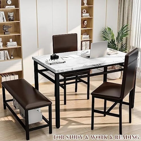 Kitchen Table and 2 Chairs for 4 with Bench,Faux Mable Dining Table Set for 4 w/Storage Rack,