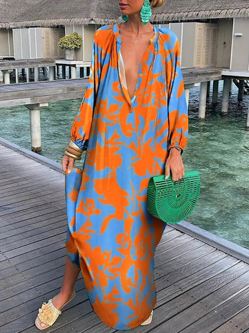 Summer Deep V-Neck Long Sleeve Long Dresses