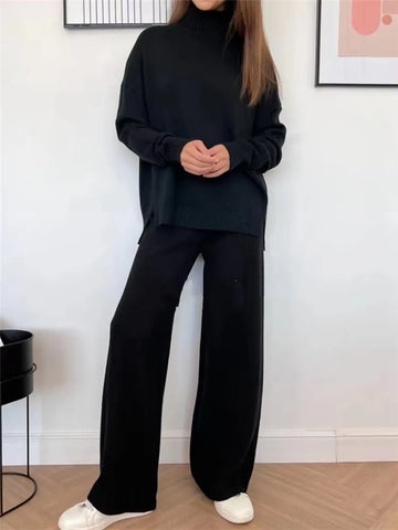2 Pieces Women Sets Knitted Tracksuit Turtleneck Sweater and Straight Jogging Pants Suits