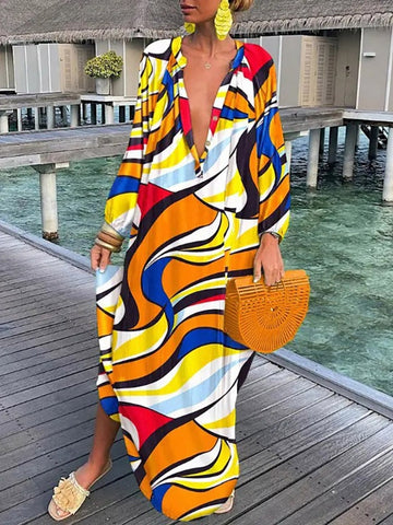 Summer Deep V-Neck Long Sleeve Long Dresses