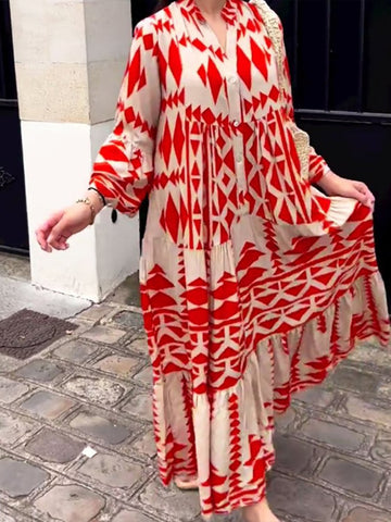 Women Casual Vintage Geometric V Neck Dresses