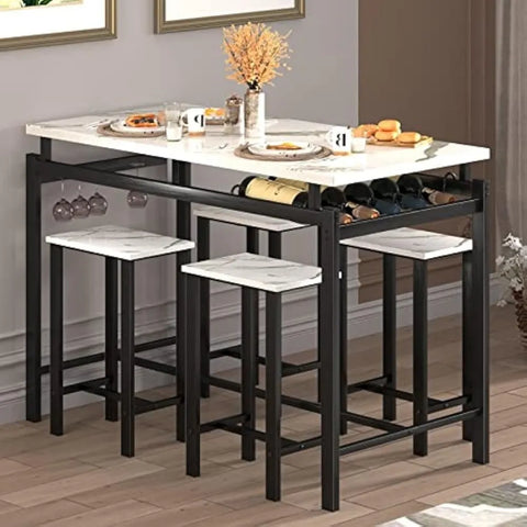 Basenji Dining Table Set for 4, 5 Piece Kitchen Table and Chairs with Wine Rack and Glass Holder, Bar Table and Chairs Set