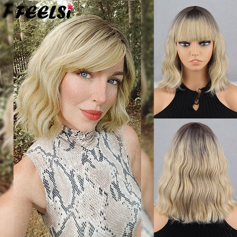 Short Bob Brown Dark Blue Synthetic Wig Hair